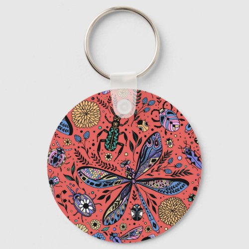 Doodle bugs on coral red keychain