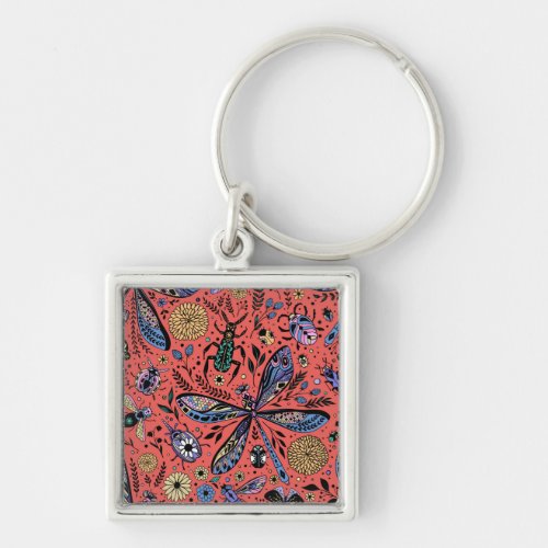 Doodle bugs on coral red keychain