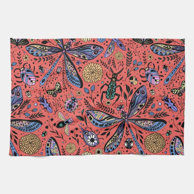 Doodle bugs on coral red kitchen towel (Horizontal)