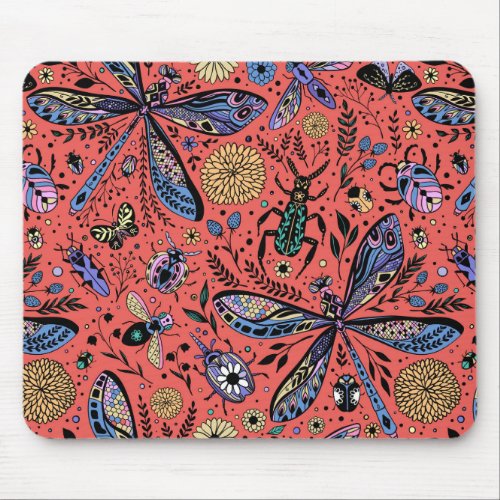 Doodle bugs on coral red mouse pad