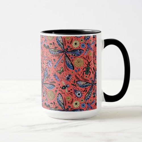 Doodle bugs on coral red mug