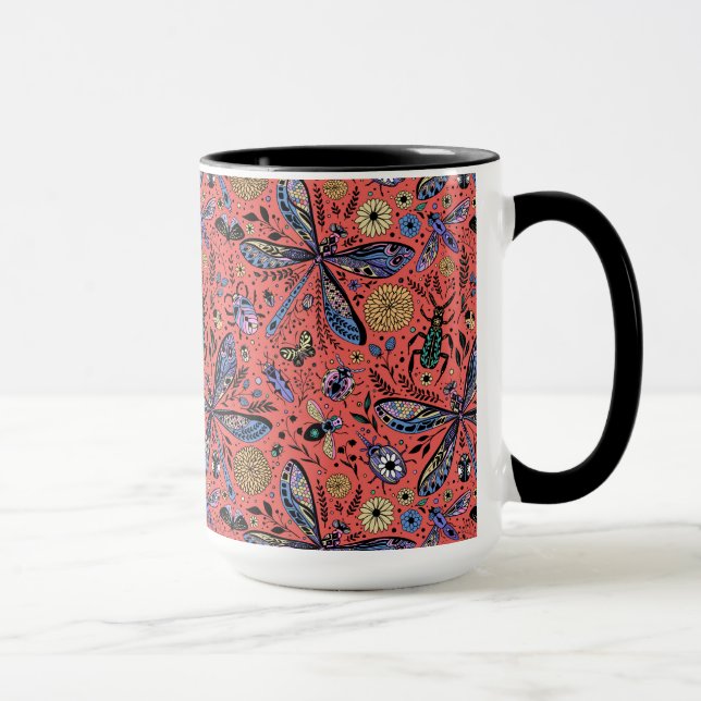 Doodle bugs on coral red mug (Right)