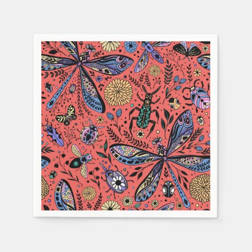 Doodle bugs on coral red napkins