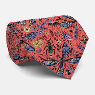 Doodle bugs on coral red neck tie