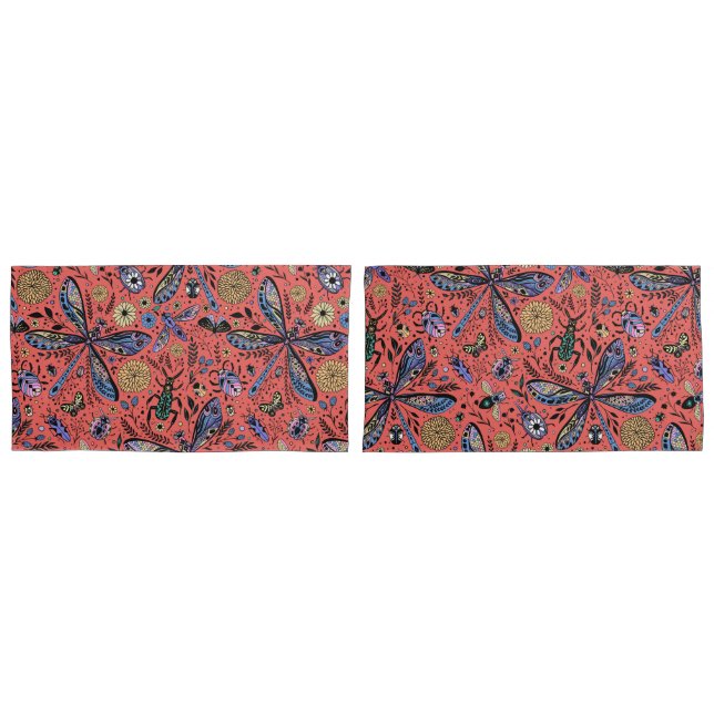 Doodle bugs on coral red pillow case (Front-Set)