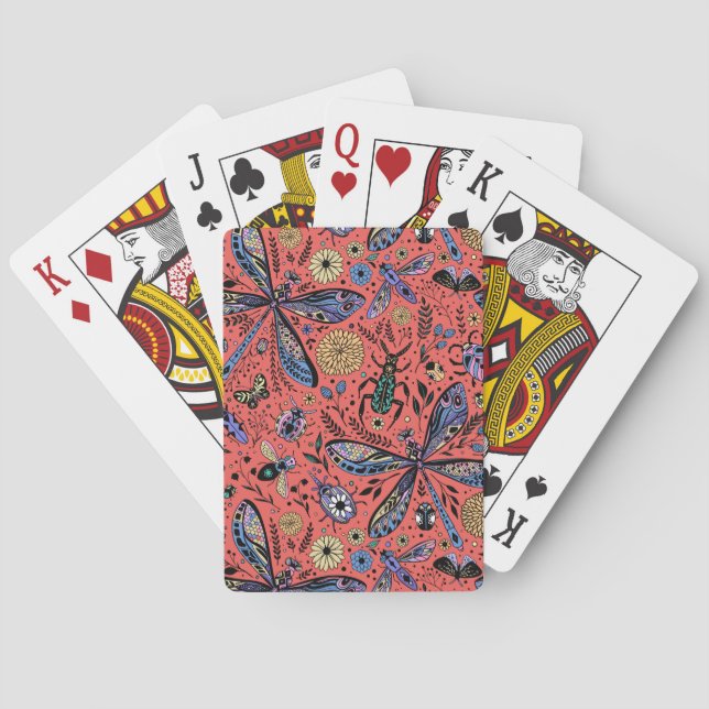 Doodle bugs on coral red poker cards (Back)