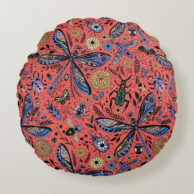 Doodle bugs on coral red round pillow (Front)