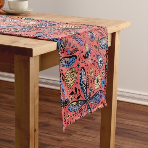 Doodle bugs on coral red short table runner