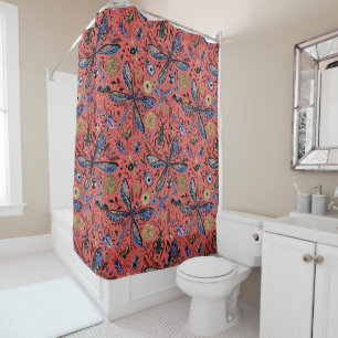 Doodle bugs on coral red shower curtain