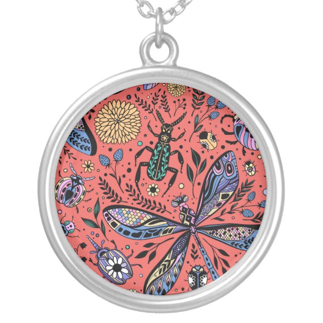 Doodle bugs on coral red silver plated necklace (Front)