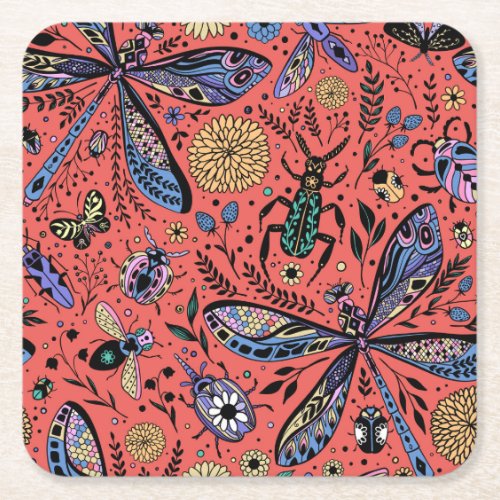 Doodle bugs on coral red square paper coaster