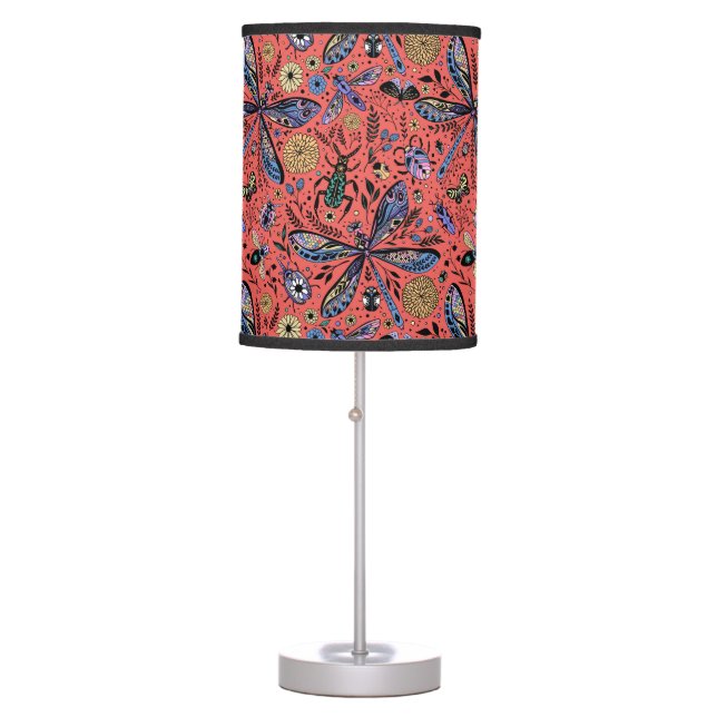 Doodle bugs on coral red table lamp (Front)