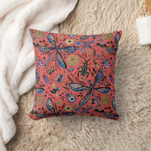 Doodle bugs on coral red throw pillow