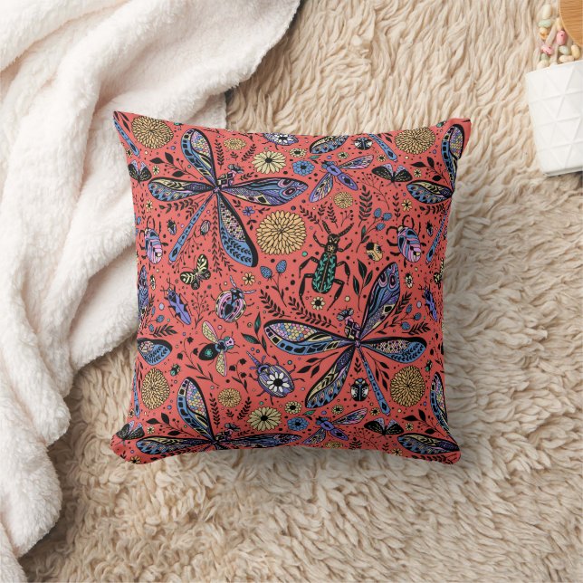 Doodle bugs on coral red throw pillow (Blanket)