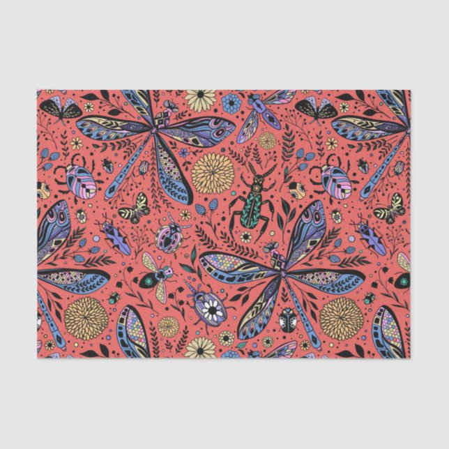 Doodle bugs on coral red tissue paper (Front)