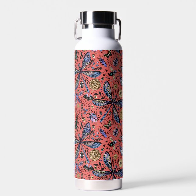 Doodle bugs on coral red water bottle (Front)
