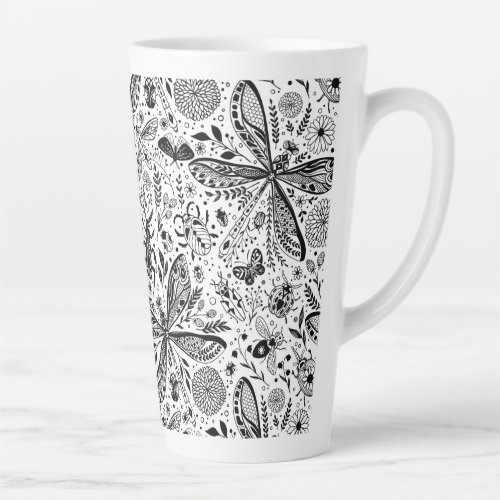 Doodle bugs on dark blue latte mug