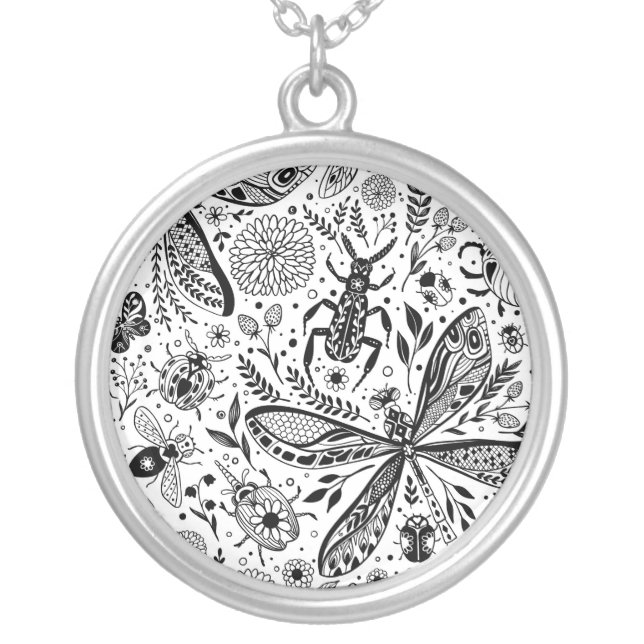 Doodle bugs on dark blue silver plated necklace (Front)