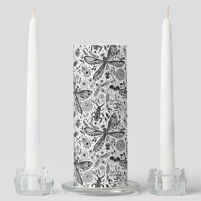 Doodle bugs on dark blue unity candle set (Front)