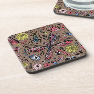 Doodle bugs on mocha brown beverage coaster