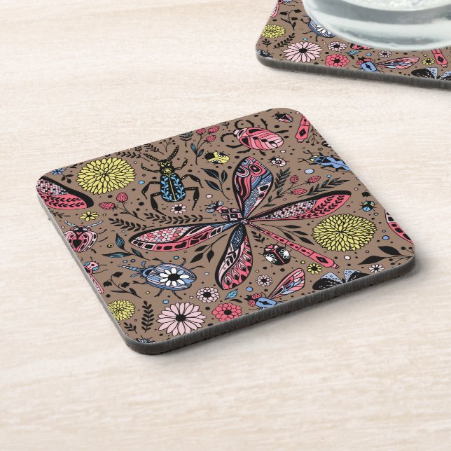 Doodle bugs on mocha brown beverage coaster (Left Side)
