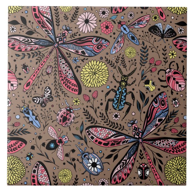 Doodle bugs on mocha brown ceramic tile (Front)