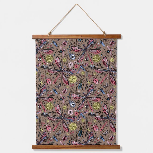 Doodle bugs on mocha brown hanging tapestry (Front)
