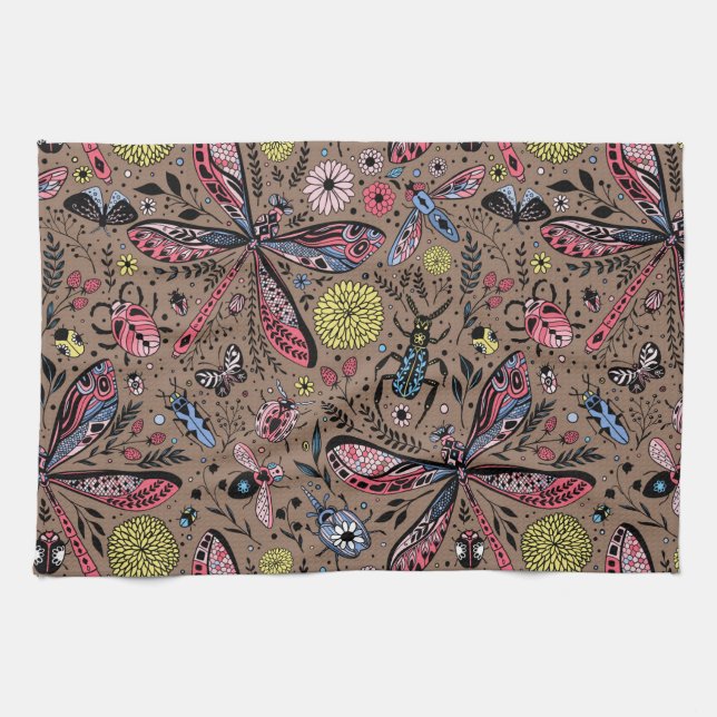 Doodle bugs on mocha brown kitchen towel (Horizontal)
