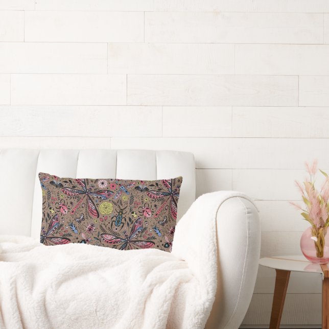 Doodle bugs on mocha brown lumbar pillow (Couch)