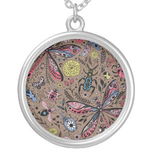 Doodle bugs on mocha brown silver plated necklace