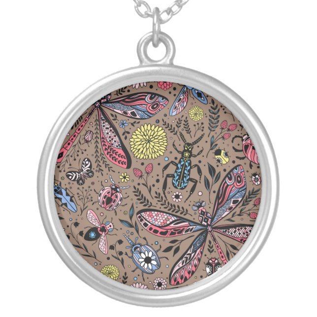 Doodle bugs on mocha brown silver plated necklace (Front)