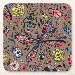 Doodle bugs on mocha brown square paper coaster