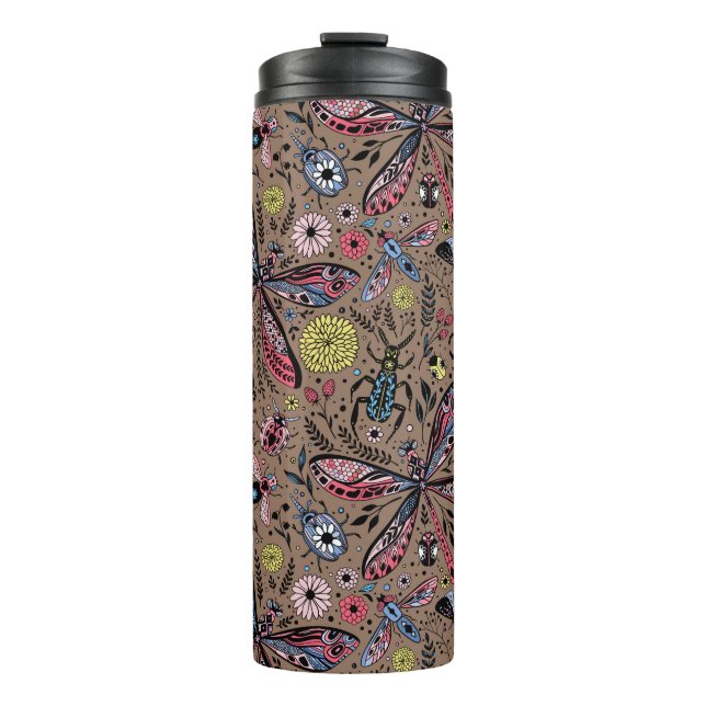Doodle bugs on mocha brown thermal tumbler (Front)