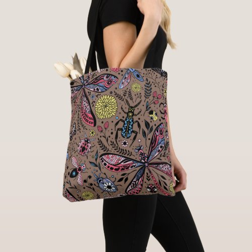 Doodle bugs on mocha brown tote bag