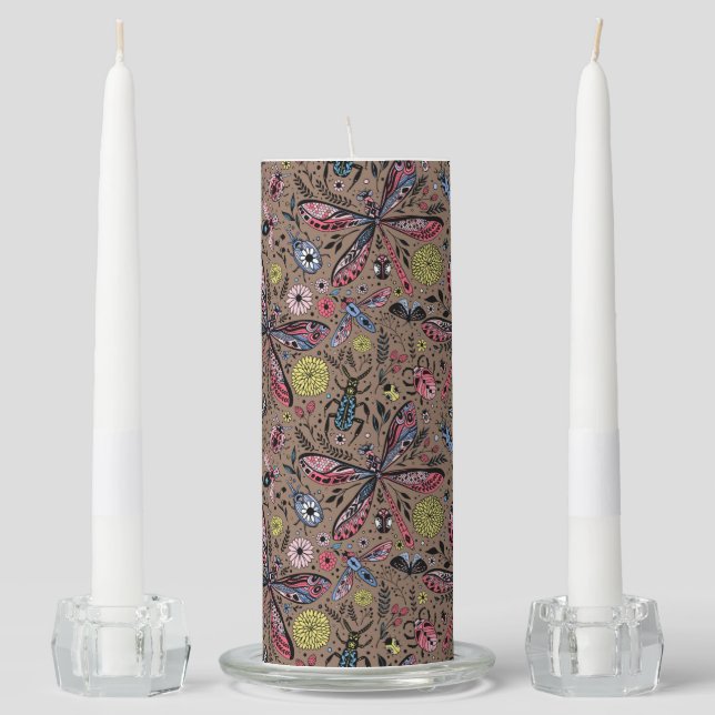 Doodle bugs on mocha brown unity candle set (Front)