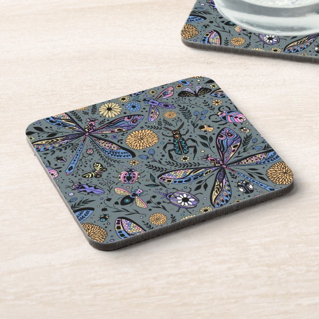 Doodle bugs on slater gray beverage coaster (Left Side)