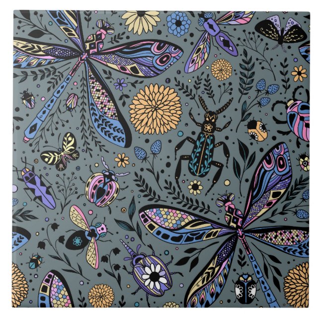 Doodle bugs on slater gray ceramic tile (Front)