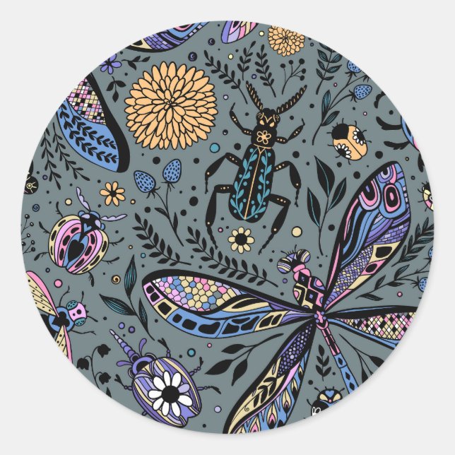 Doodle bugs on slater gray classic round sticker (Front)