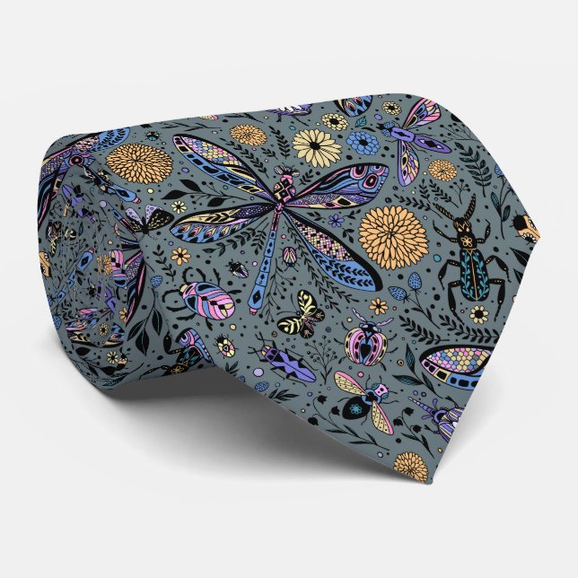 Doodle bugs on slater gray neck tie (Rolled)