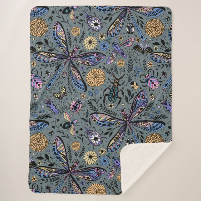 Doodle bugs on slater gray sherpa blanket (Front)