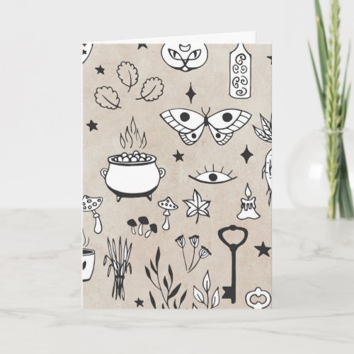 Doodle butterfly cat bottle leaves cauldron keys card