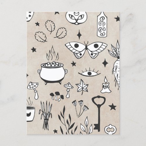 Doodle butterfly cat bottle leaves cauldron keys postcard