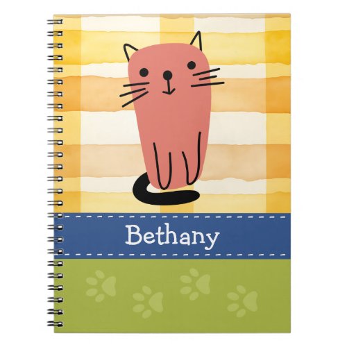 Doodle Cat Yellow Check Paw Prints Custom Notebook