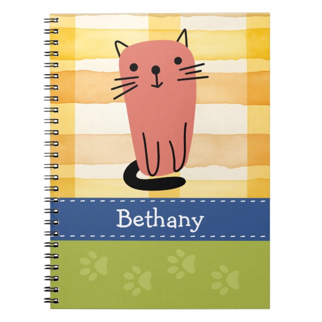 Doodle Cat, Yellow Check, Paw Prints, Custom Notebook (Front)