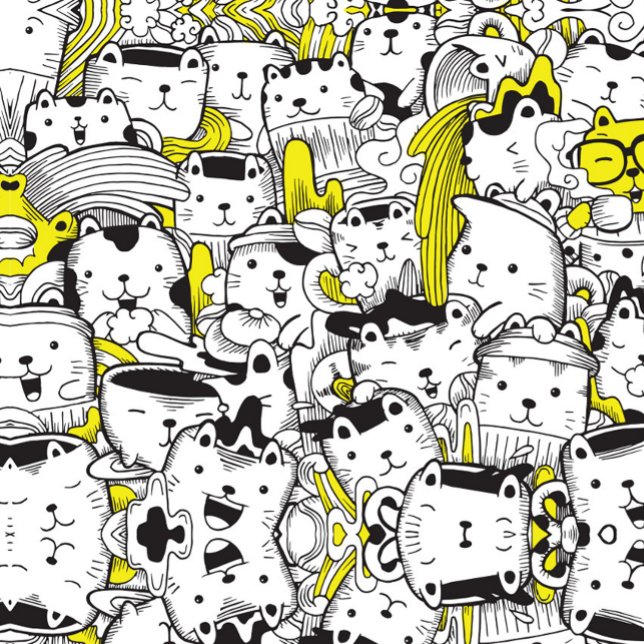 Doodle Cats Apron (A doodle art illustration featuring a dense collection of cartoon cats, rendered in black and white.)