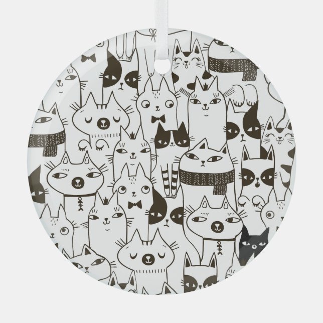 Doodle cats: funny seamless pattern. glass ornament (Front)