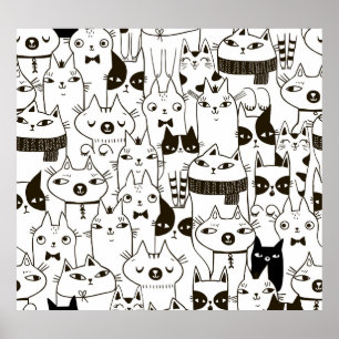 Doodle cats: funny seamless pattern. poster