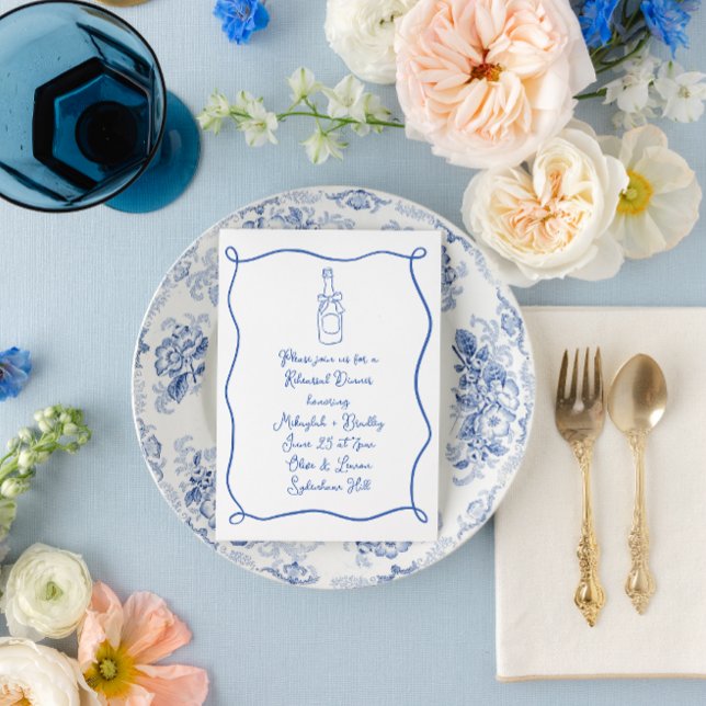 Doodle Champagne French Blue Rehearsal Dinner Invitation (Creator Uploaded)