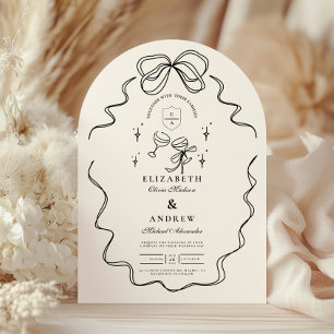 Doodle Champagne Whimsical Bow Wedding Invitation