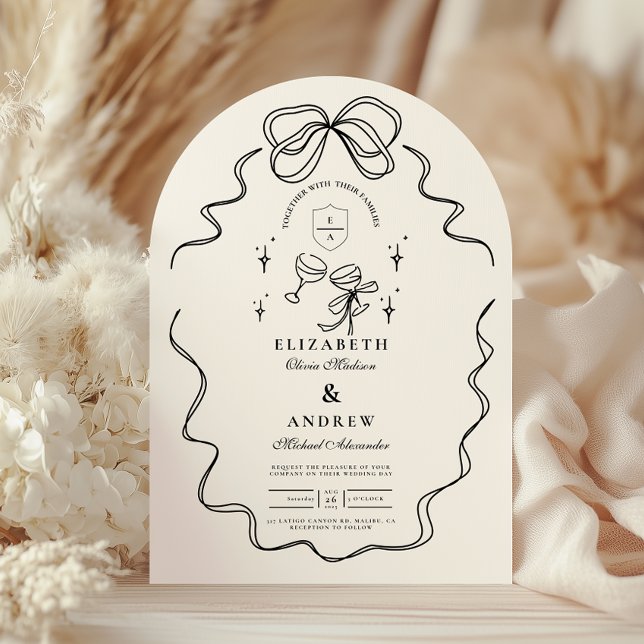 Doodle Champagne Whimsical Bow Wedding Invitation (Creator Uploaded)